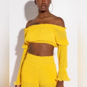 New! AKIRA Sunshine Yellow Accordion Ruffle Long Sheer Sleeve Crop Top